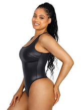 Gold Print Faux Leather Square Neck Bodysuit with Tummy Control & Open Crotch